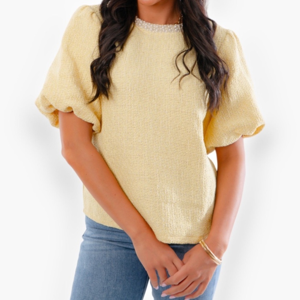 Voy Pearl Trim Bubble Sleeve Tweed Top